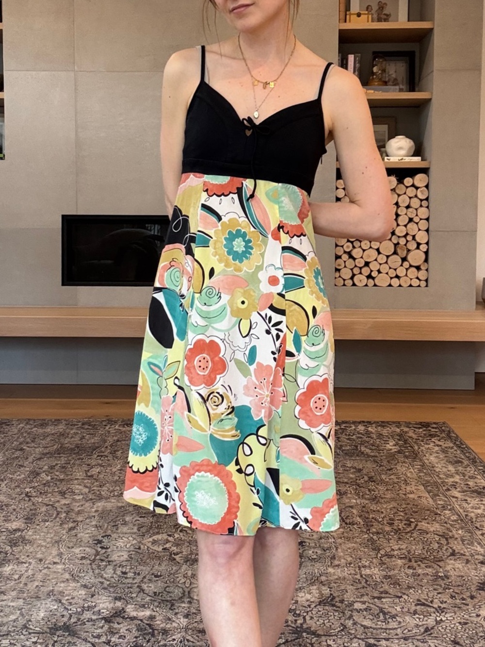 Vintage silk A-Line/babydoll dress with Black stretchy Bodice medium